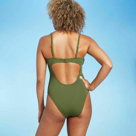 Shade and Shore Plunge Tie Front Wrap One Piece Swimsuit Palm Green Small 1222 - Picture 4 of 7